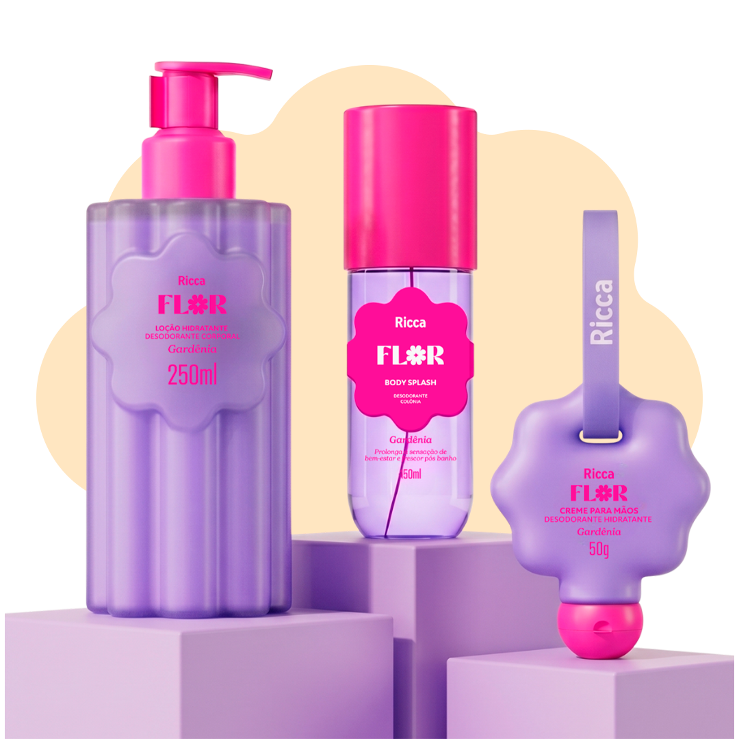 Foto dos produtos — fragrância Gardênia (fundo roxo).