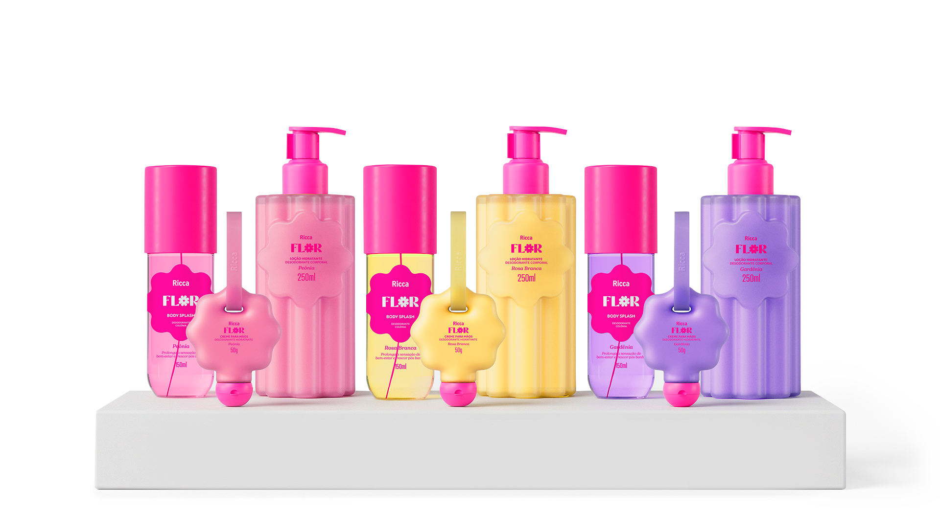 Foto com os 6 produtos da linha lado a lado: Loção Hidratante, Cuidado para Mãos e Body Splash, nas 3 fragrâncias.